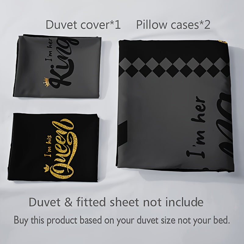 3 Piece Black and Grey Crown Lettering Duvet Cover Set β Includes 1 Duvet Cover and 2 Pillowcases β High Definition Printing for Home and Dorm Decor β Comforter Not Included