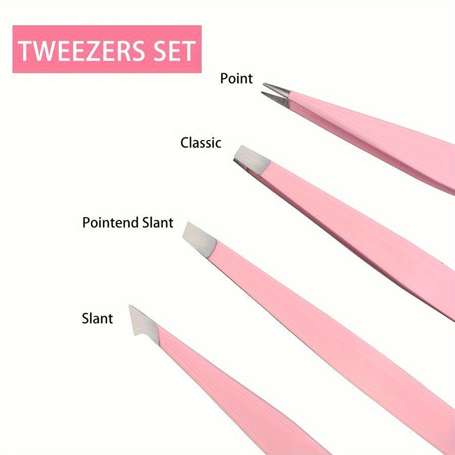 Professional Stainless Steel Tweezers Set – Precision Eyebrow Tweezers for Facial Hair, Splinter & Ingrown Hair Removal, with Storage Bag (Pink)