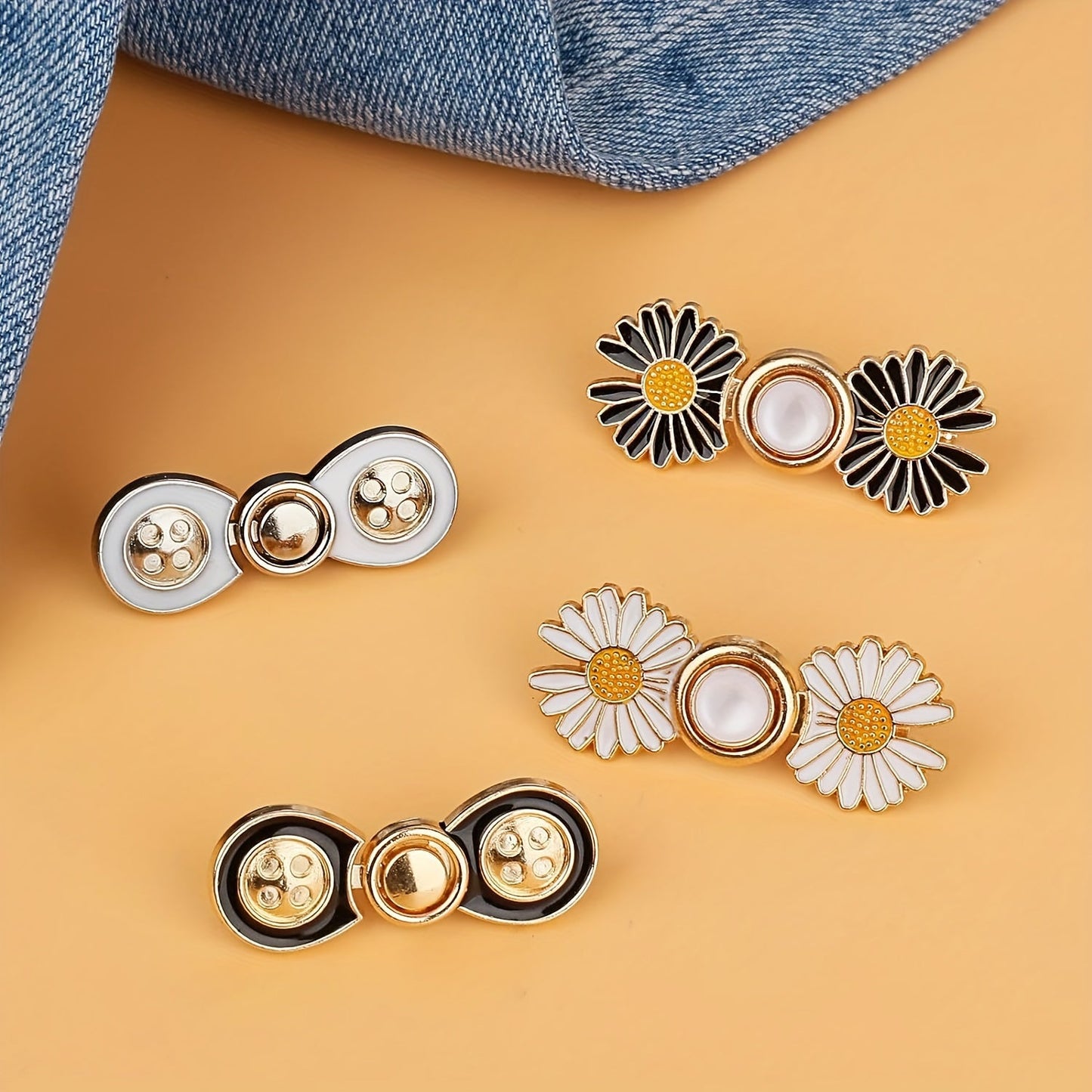 8 Pack Adjustable Waistband Buttons – Removable Instant Denim Pins, No-Sew Tighteners for Loose Jeans, Daisy Flower Design, White