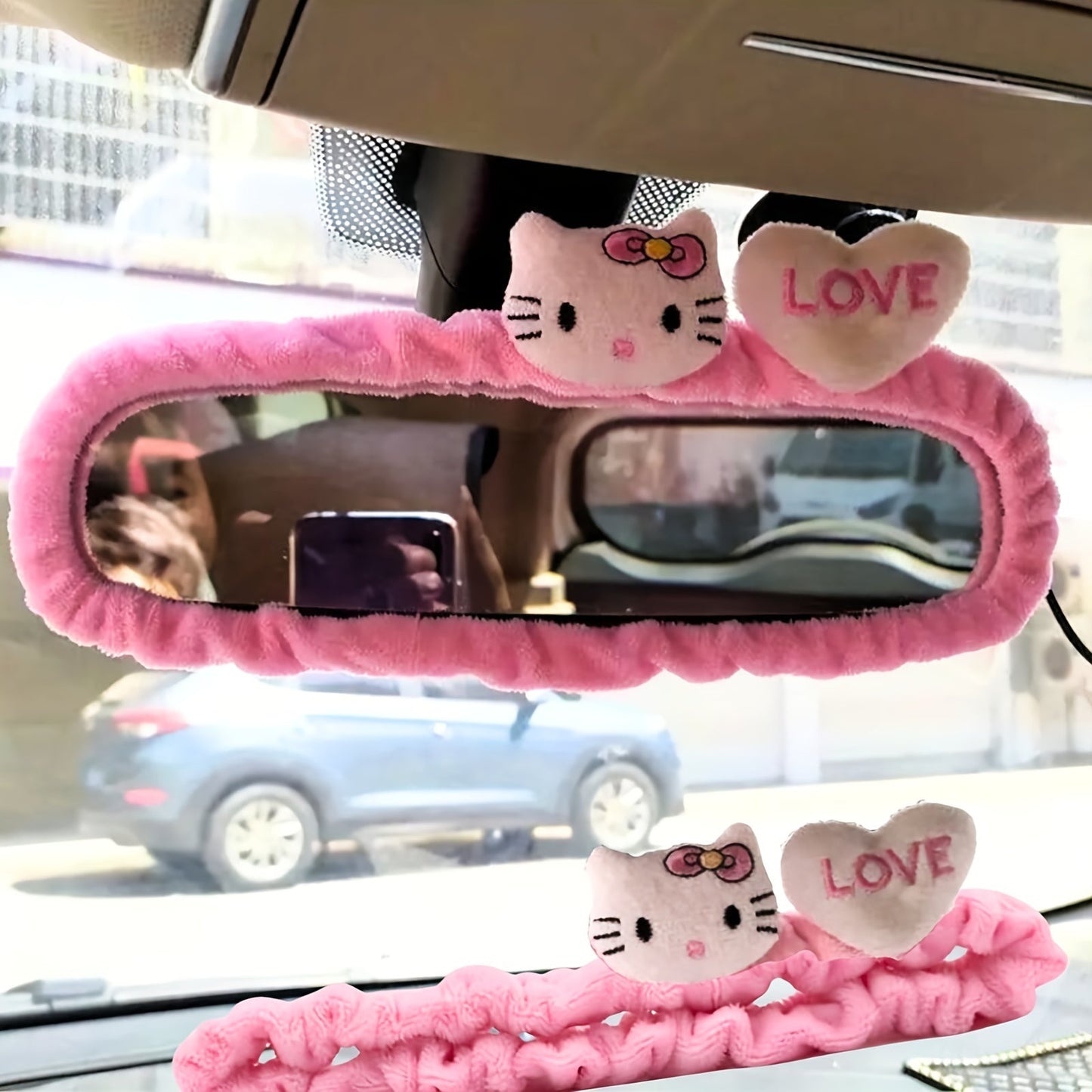 Sanrio Hello Kitty Plush Car Mirror Cover - Cute Cartoon Rearview Protector, Fit Cotton Interior Accessory