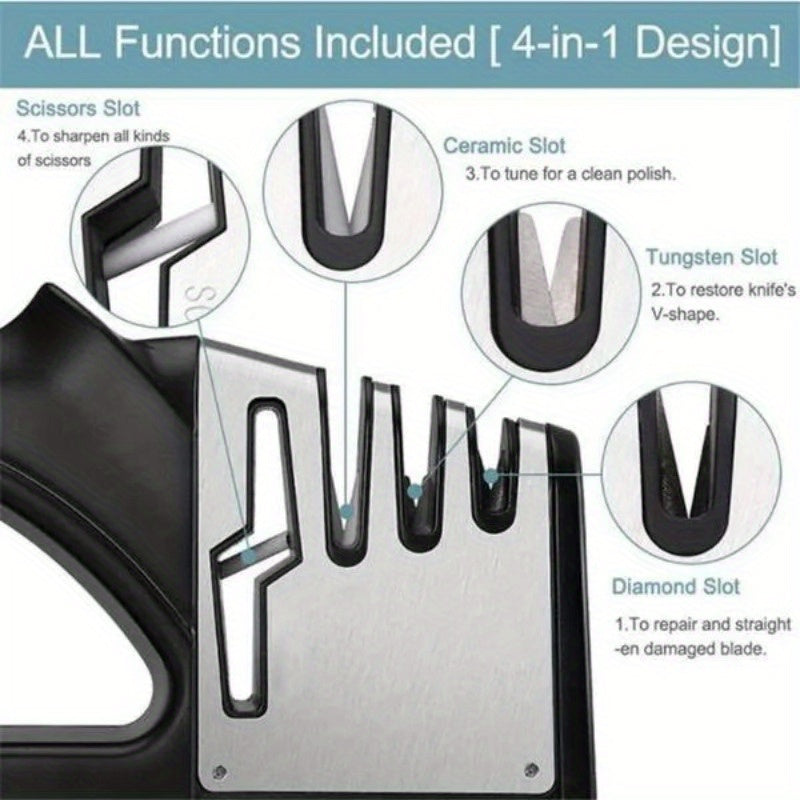 4 in 1 Kitchen Knife and Scissors Sharpener – Professional Tungsten Tool for Fast and Efficient Sharpening, Ideal for Outdoor and Household Use