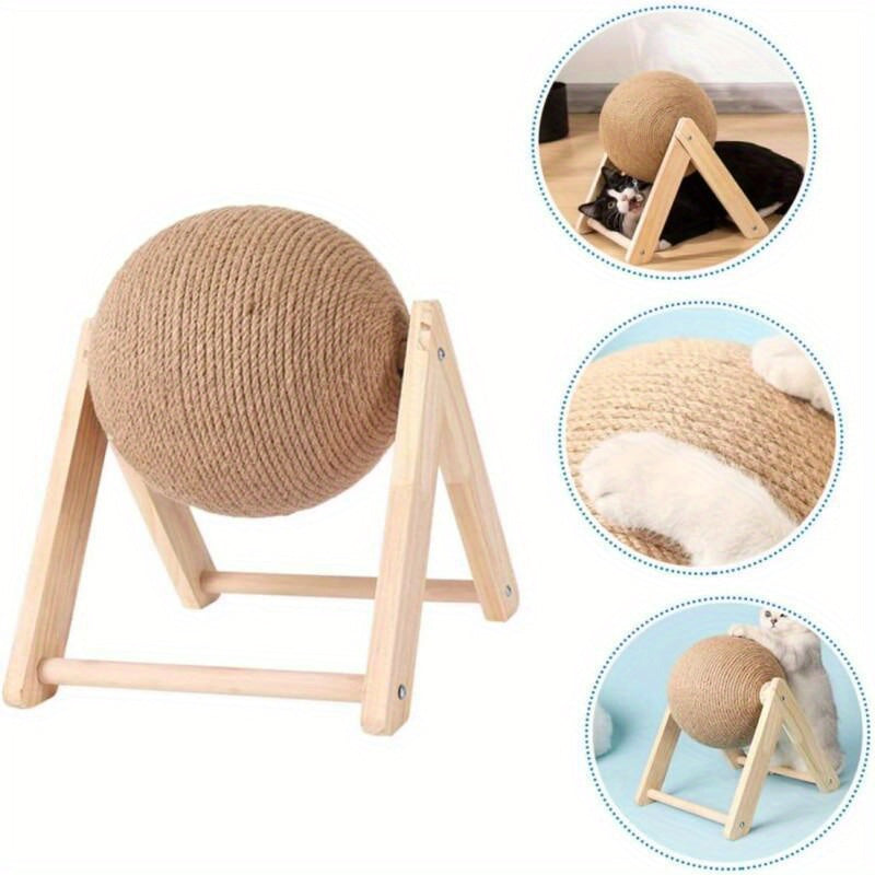 Durable Sisal Cat Scratching Post - Stable Toy for Kittens and Rabbits with Rotating Ball, Wear-Resistant Wooden Base