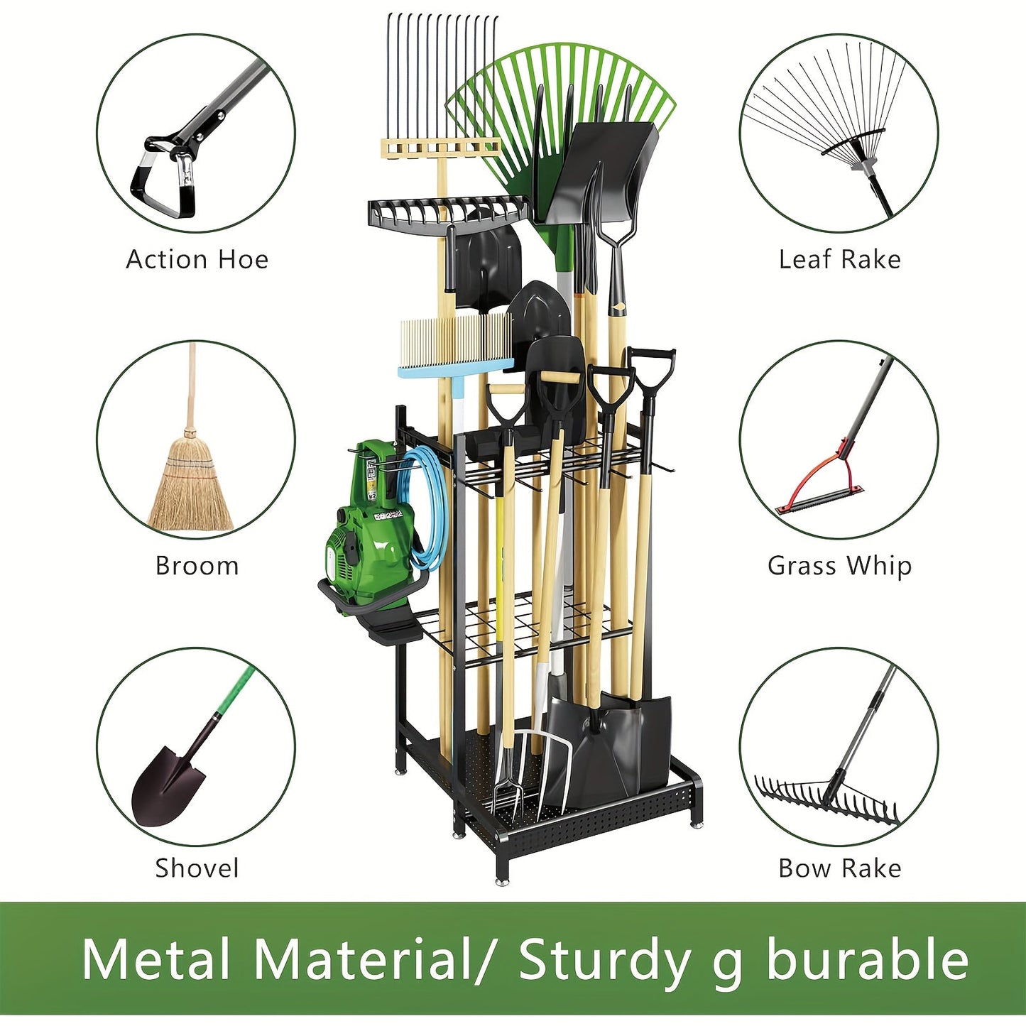 Heavy-Duty Tool Organizer Rack - Spacious Storage for Long-Handled Gardening Tools, Hooks, and Accessories - Durable Metal Construction, Sturdy Black Design, Ideal for Garage and Utility Storage