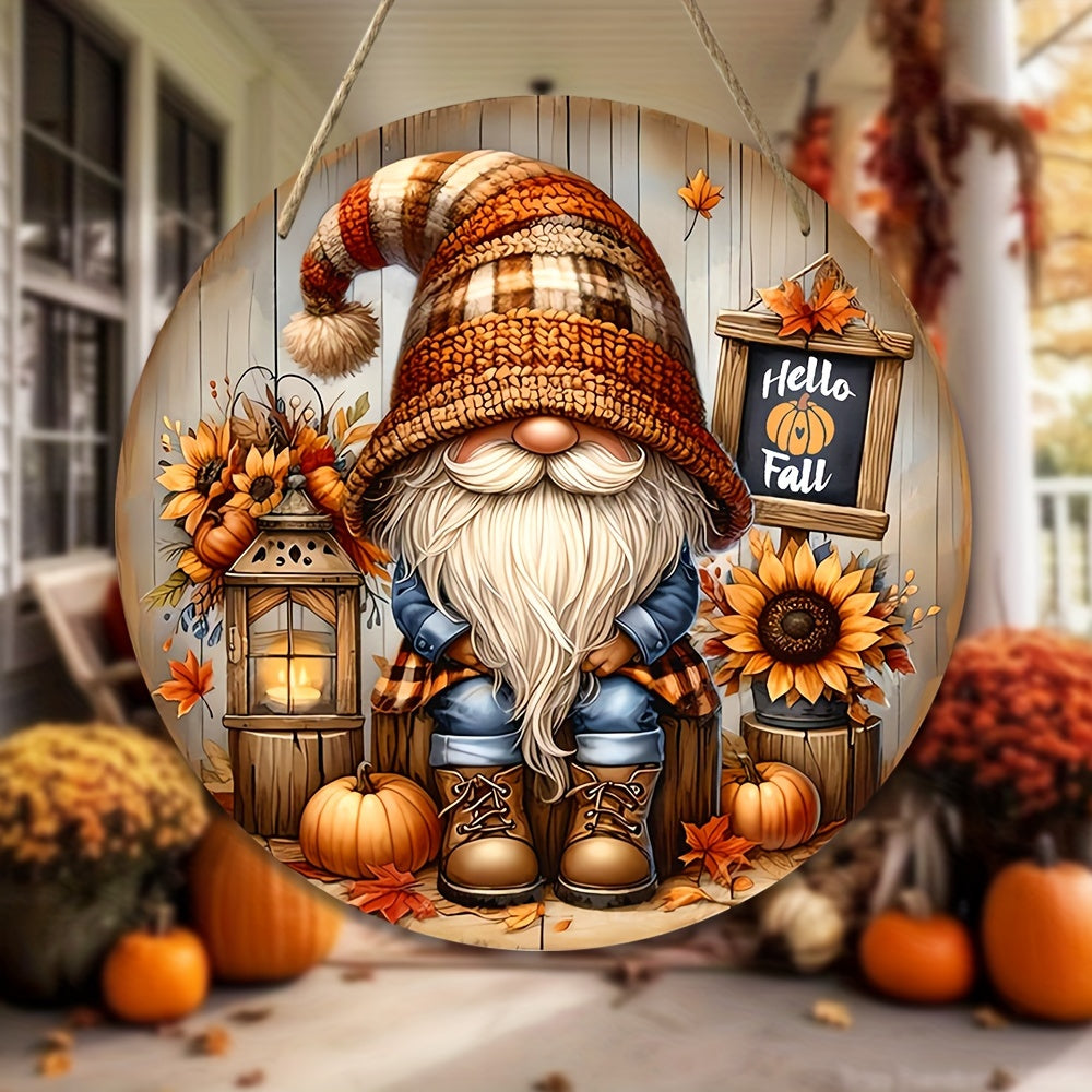 Festive Gnome Hello Fall Sign - 7.9"x7.9" Multi-Purpose Wall Hanging in English - Ideal for Home, Garden, Kitchen, Bar, or Porch Decor