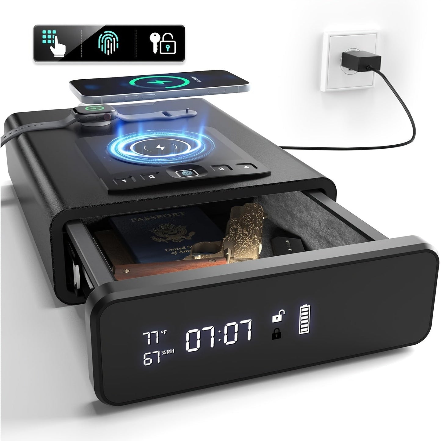 Grimtron Biometric Gun Safe with LED Clock - DOJ Approved Grey and Black Pistol Case with Fingerprint Access, 2 in 1 Watch and Mobile Wireless Charging, Backlit Keypad, LED Light, Safety Cable and Automatic Unlock