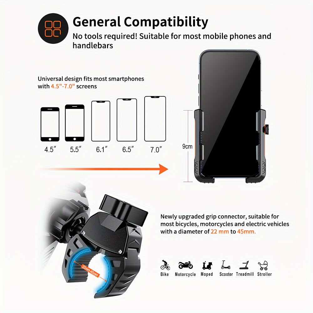 Universal Motorcycle and Bicycle Phone Mount – Adjustable Grip, Secure Hold, 360° Rotation – Anti-Shake Handlebar Holder for Stable Phone Positioning – Compatible with Various Models