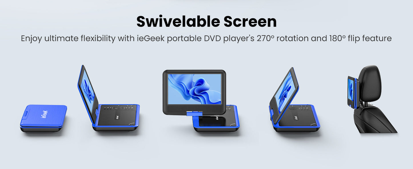 ieGeek 11.5" Portable DVD Player – SD Card/USB Port, 5-Hour Rechargeable Battery, 9.5" Eye-Protective Screen, AV-in/Out Support