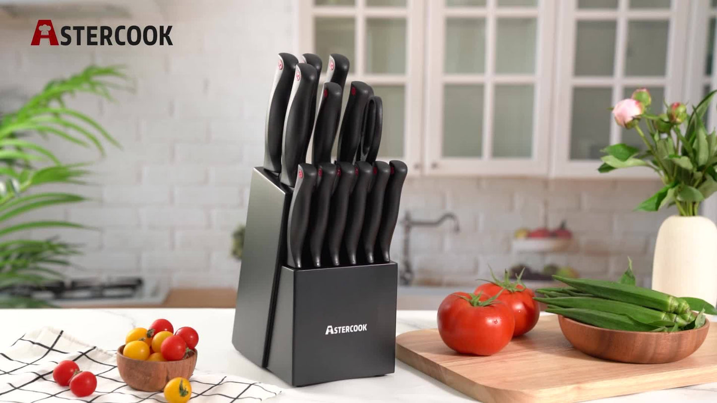 15 Piece Astercook Premium Knife Set - German Steel, Dishwasher Safe, Includes Elegant Black Block and Built-In Sharpener for Precision Cutting