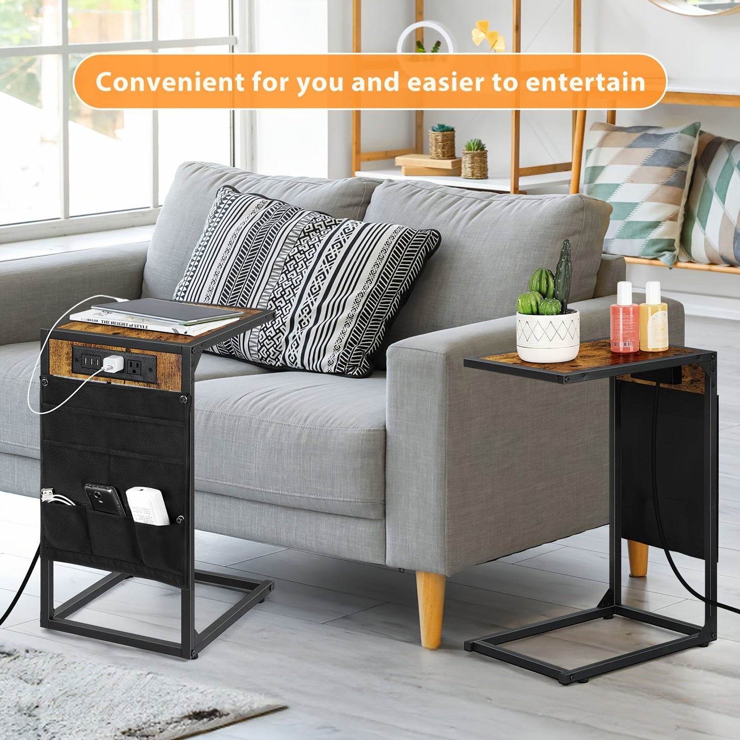 2pcs C-Shaped End Table Set – 50LBS Desktop, Charging Station and Storage Bag, Removable & Slide-Under-Sofa Design – Ideal for Living Room, Bedroom