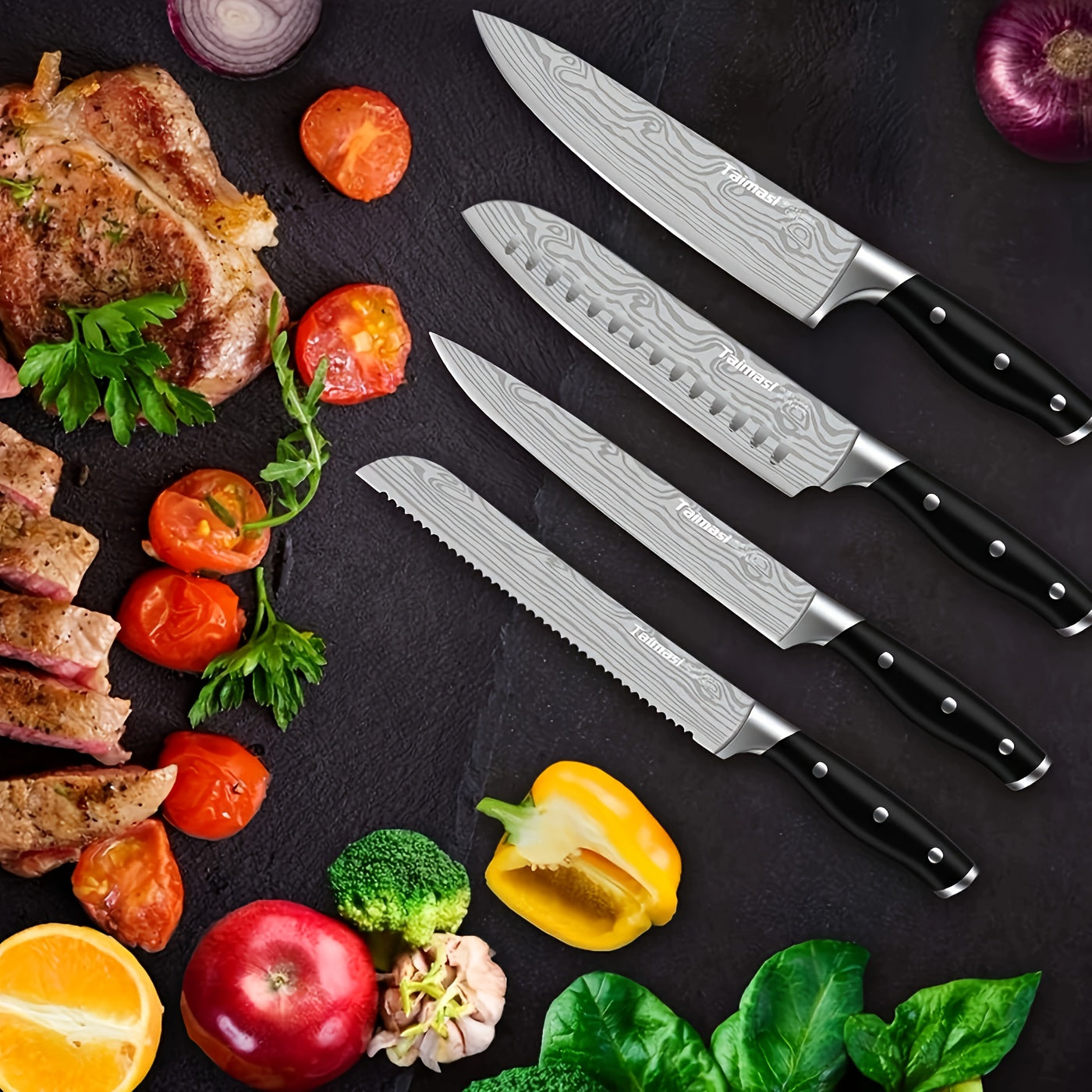 18pcs Kitchen Knife Set with Block & Sharpener Rod - High Carbon Stainless Steel Chef Knives, Ultra Sharp Full-Tang Design for Home Cooking