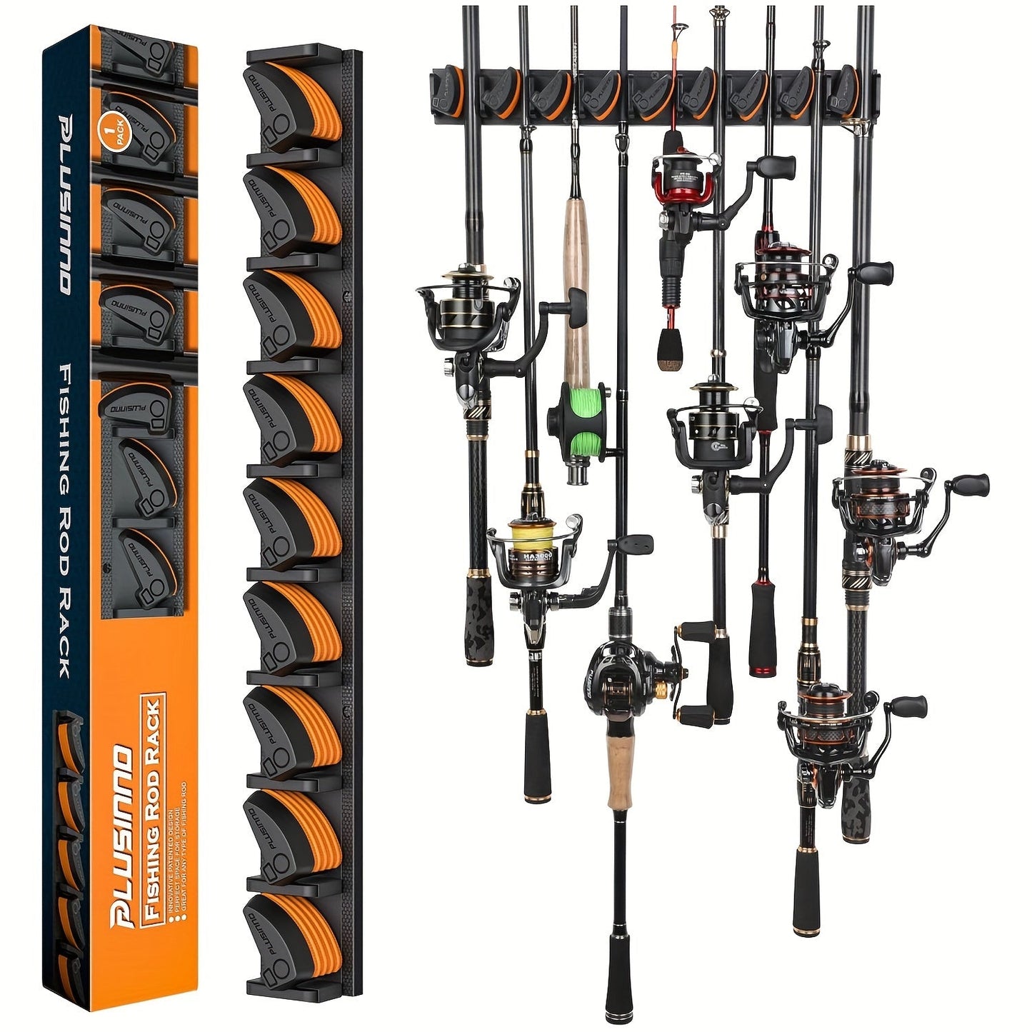 4 Pack PLUSINNO V9 Vertical Wall-Mounted Fishing Rod Holders – Heavy-Duty Aluminum, Holds Up to 36 Rods or Combos, Varnished Finish, Easy Installation, Fits Rods 3-19mm