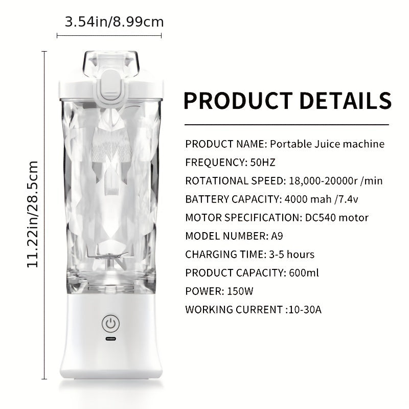 600ml Portable Electric Juicer Cup - Citrus Juicer with Ice Crusher, Wireless and Type-C Charging - Ideal for Fresh Juice on the Go