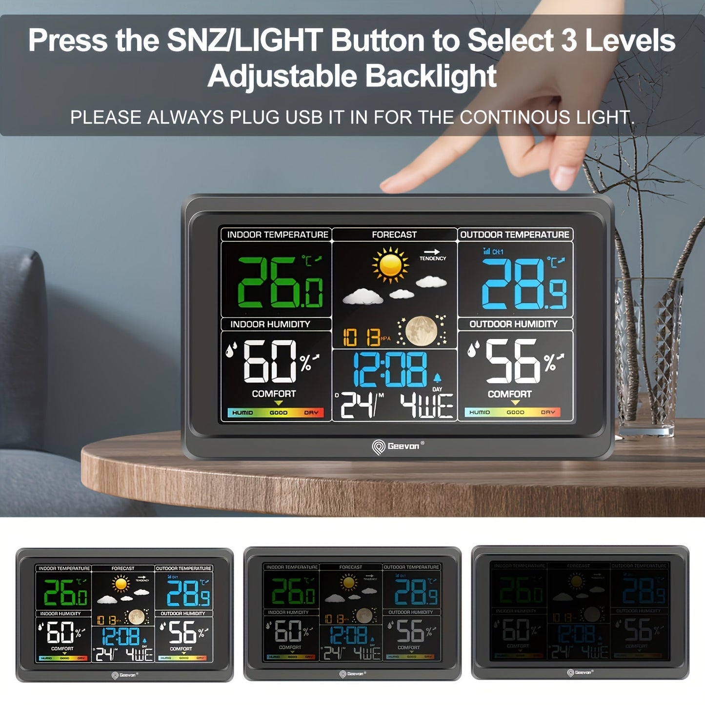 Geevon Wireless Weather Station - Indoor/Outdoor Thermometer with Color Display, Digital Temperature Gauge, Barometer, Calendar, USB Charge, and Adjustable Backlight (Battery Operated)