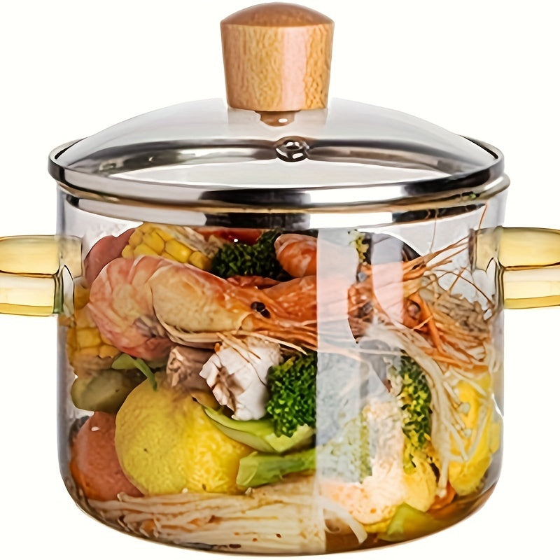 54.1oz Borosilicate Glass Pot with Lid – Heat-Resistant, Stovetop and Microwave Safe Cooking Pot for Soup, Milk, Porridge, with Dual Yellow Handles
