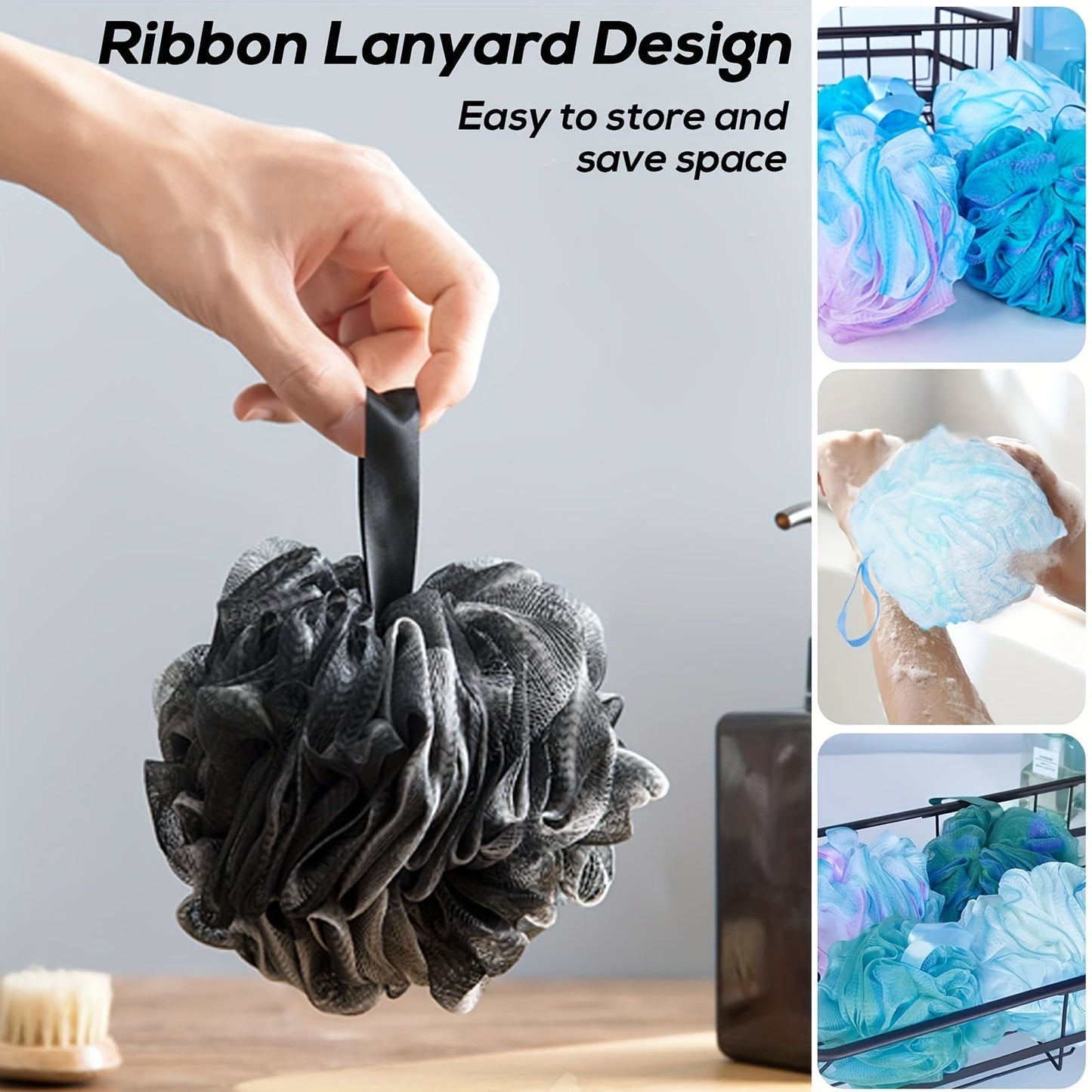 Set of Flower Loofah Sponges - Gentle Mesh Pouf Exfoliating Body Scrubbers with Hanging Ribbon, Skin-Friendly Bath Tools for Men and Women