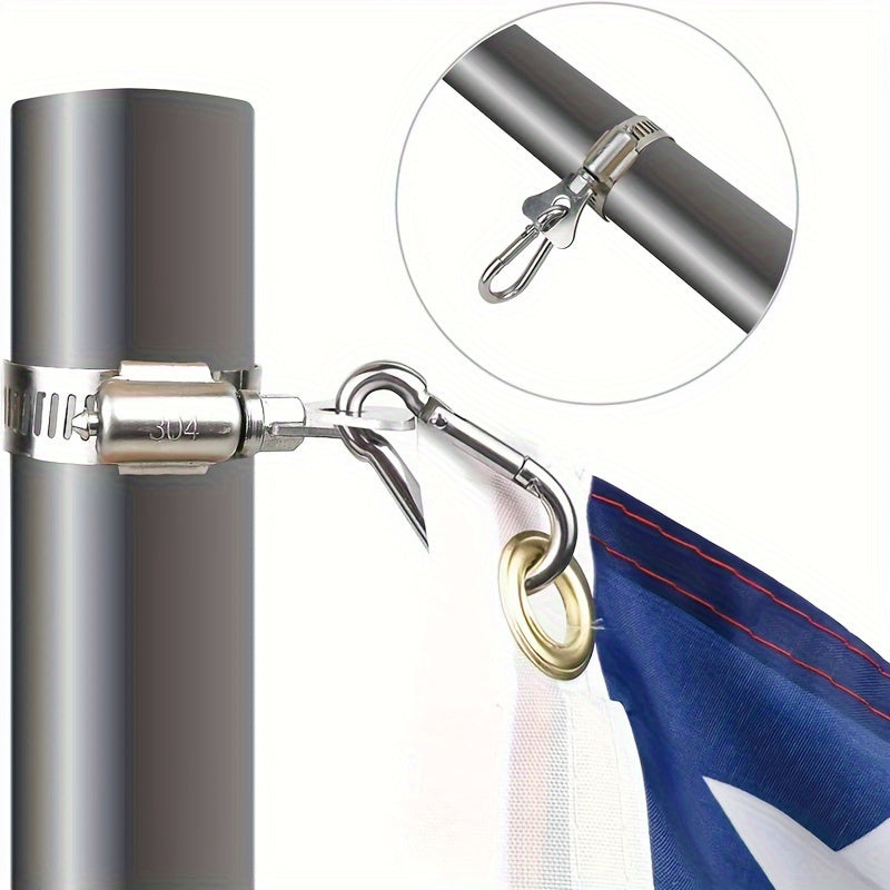4 Pack Stainless Steel Flagpole Clips with Carabiner – Durable, Adjustable Grommet for Outdoor Flags, Fits 0.75-1.25" Diameter Poles