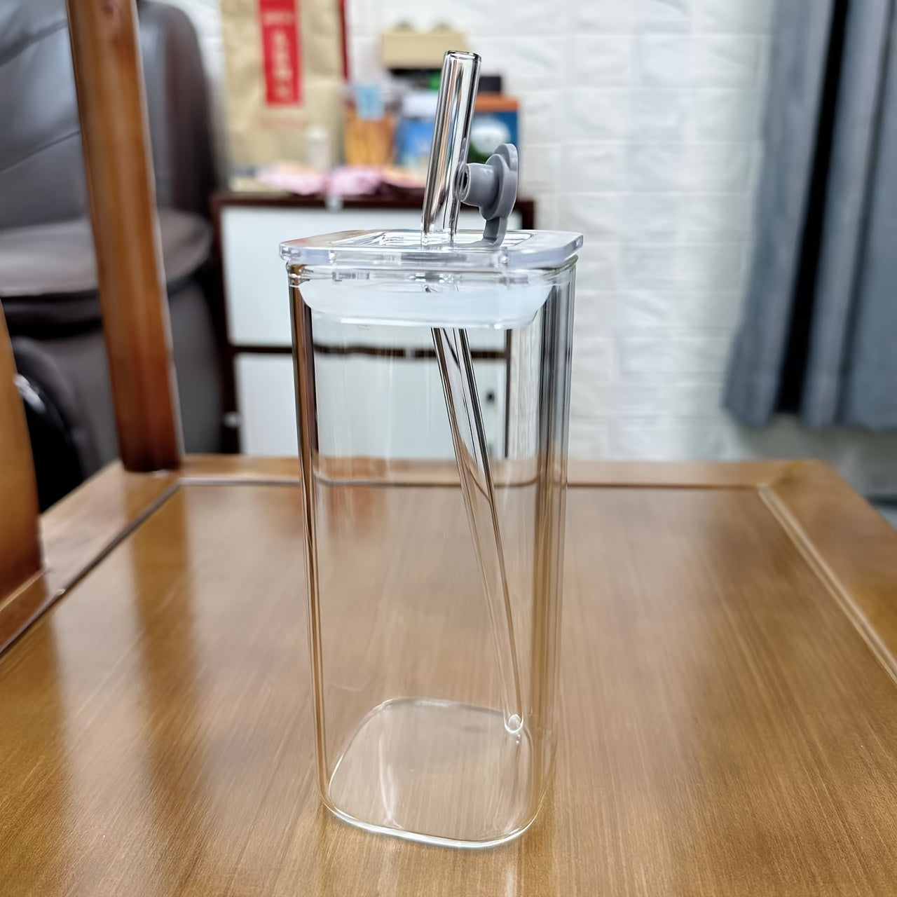 11.83oz Square Glass Coffee Mug with Lid and Straw – Heat Resistant, Transparent Drinkware for Iced Coffee, Milk, Beer – Unique Coffee Mug for Kitchen and Dining