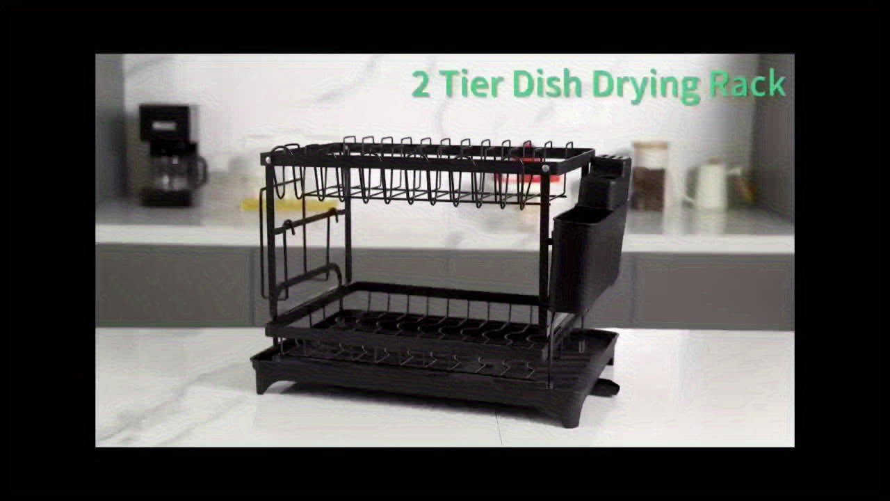 2-Tier Large Stainless Steel Dish Drying Rack with Drainboard – Black Dish Drainer for Kitchen Counter – Includes Space for Dishes, Knives, Cups, Cutting Board