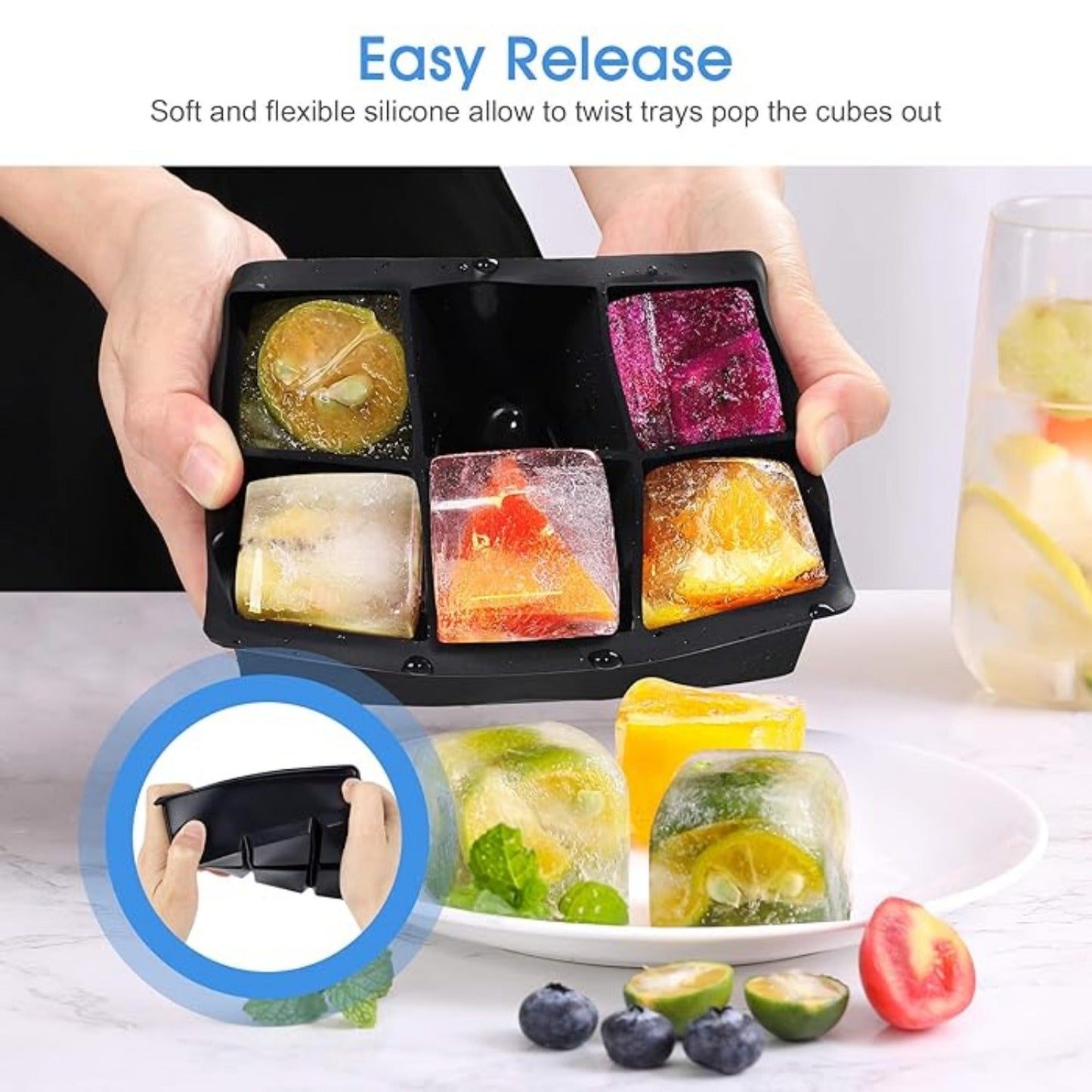 2 Pack Large Silicone Ice Cube Molds with Lid – 6 Cavity Flexible Ice Tray