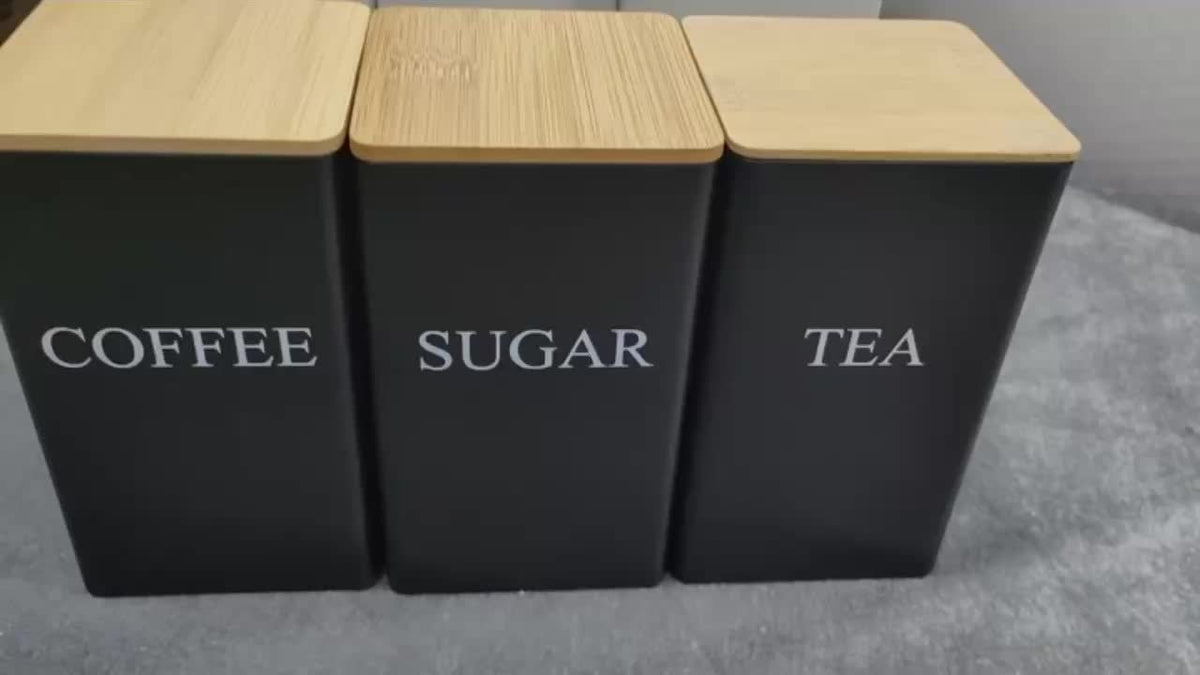 Set of 3 Square Metal Canisters with Wooden Lids – Tea, Sugar, and Coffee Storage