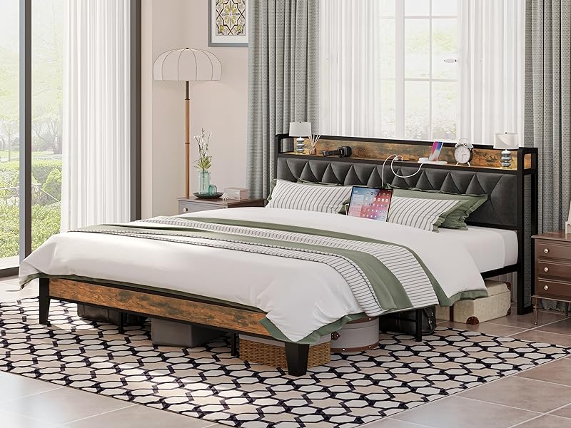 ANCTOR Bed Frame โ Twin to California King Sizes, Storage Headboard with Outlets, No Noise, No Box Spring Needed