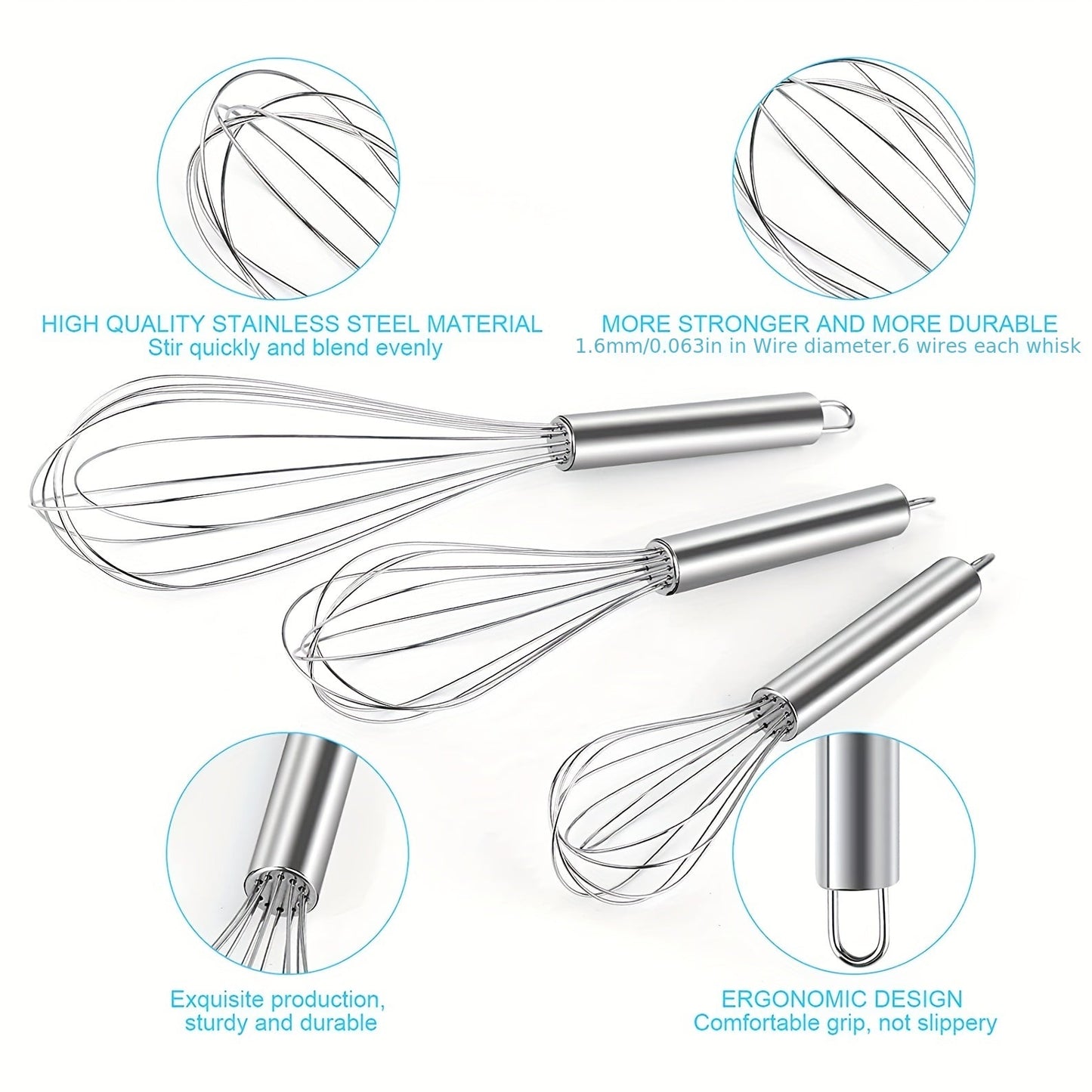 3pcs Stainless Steel Egg Whisk Set - 3 Sizes for Cooking, Baking, and Kitchen Use