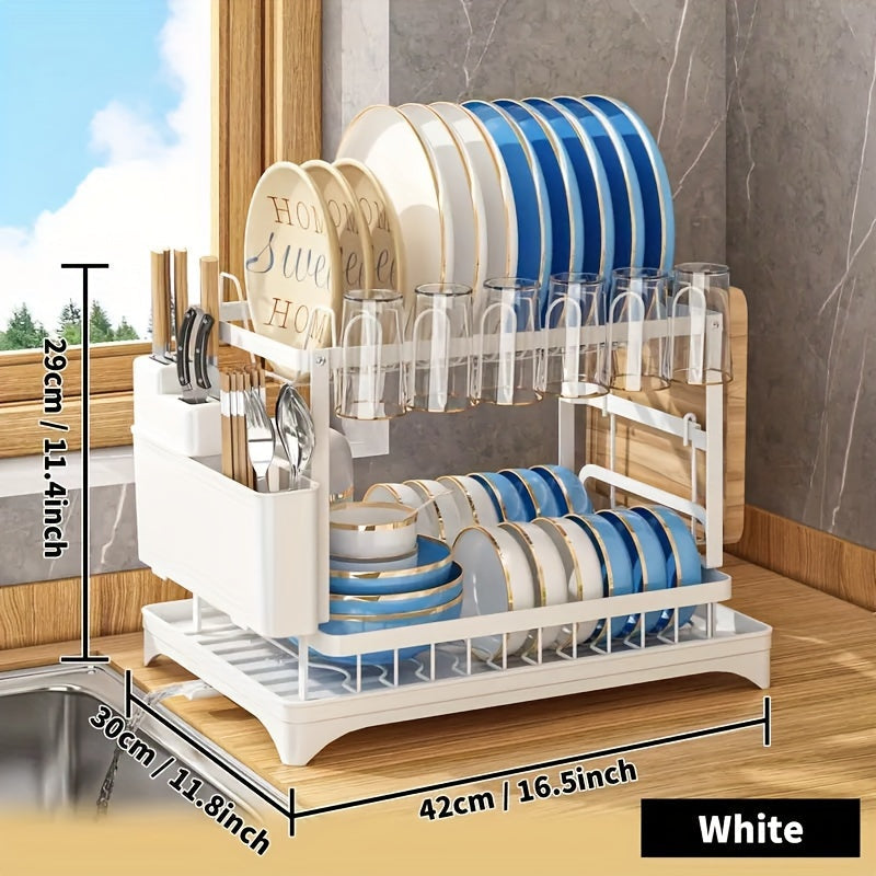 2 Tier Rustproof Metal Dish Rack with Drainboard and Utensil Holder – Space-Saving Kitchen Countertop Organizer for Dishes and Utensils, Easy to Clean