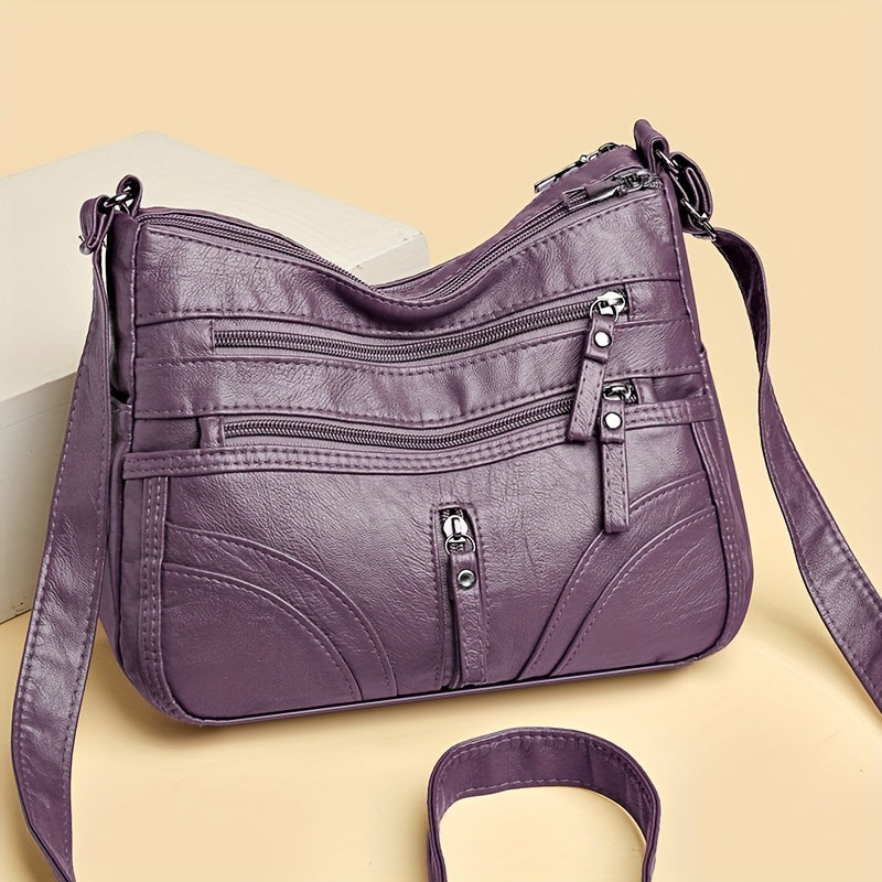 Women's Soft Faux Leather Crossbody Bag - Casual Style Shoulder Purse with Multi Pockets, Adjustable Strap, and Zipper Closure