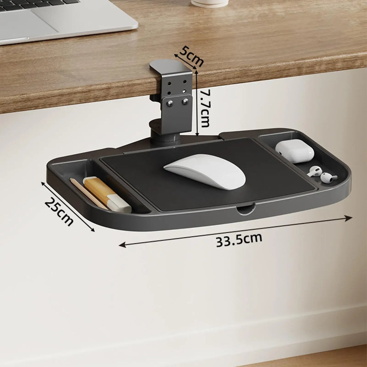 Clamp-On Desk Organizer – 360° Rotating Under-Desk Mouse Tray, Easy Install Storage Shelf for Home, Office & Dorm Use