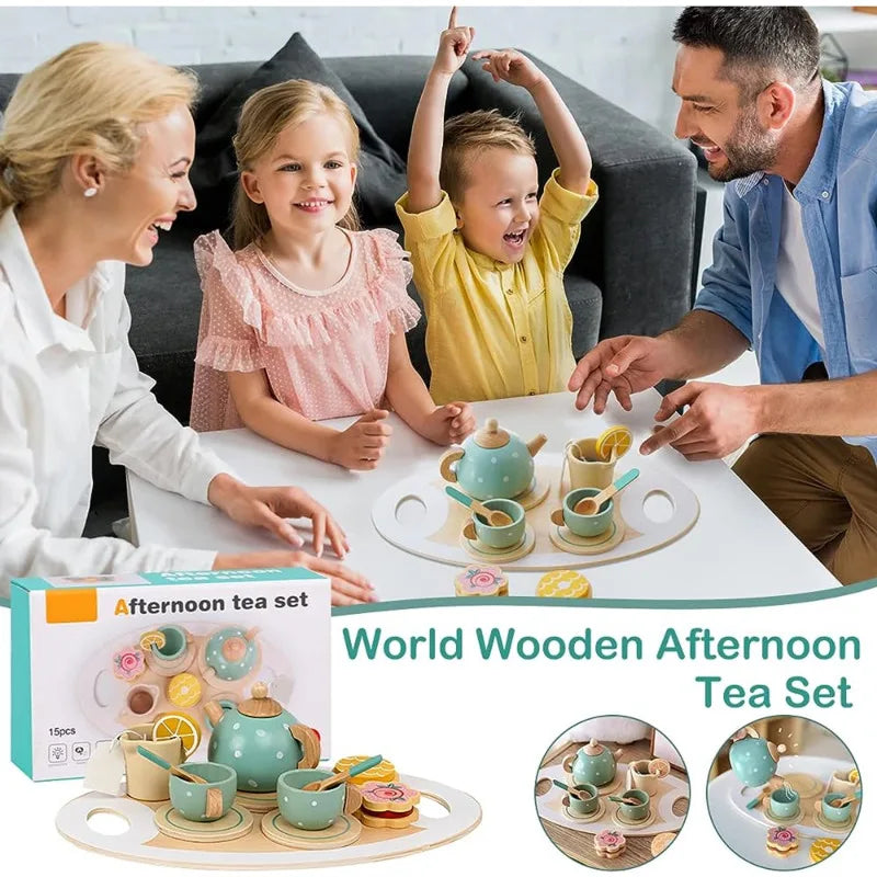 Wooden Afternoon Tea Set Toy - Pretend Play Food, Learning Role Play Game, Early Educational Toys for Toddlers, Girls, Boys, Perfect Kids Gift