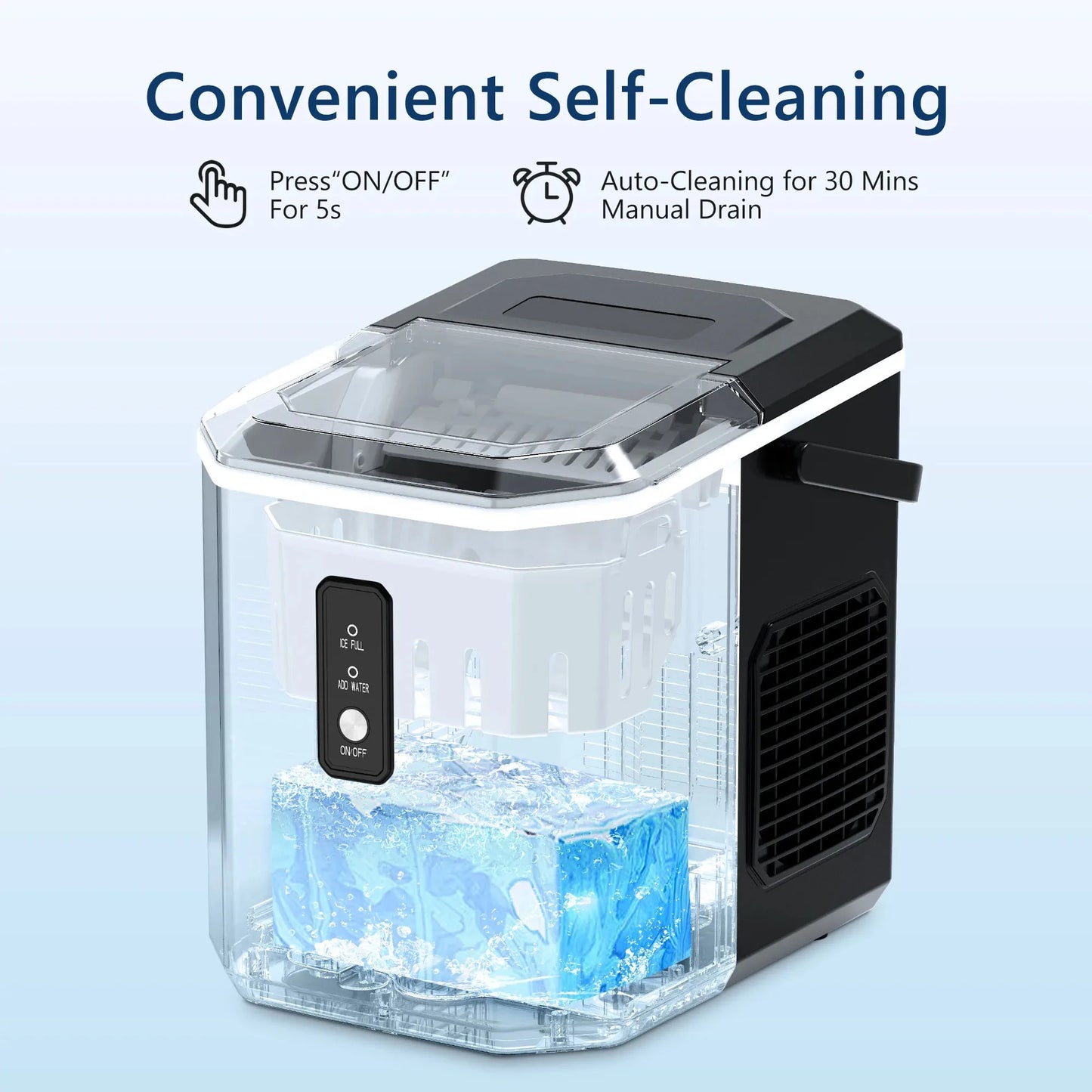 SIMZLIFE Countertop Ice Maker – 26.5 lbs/24H, 9 Cubes in 6 Mins, Self-Cleaning Portable Ice Machine with Handle, Black