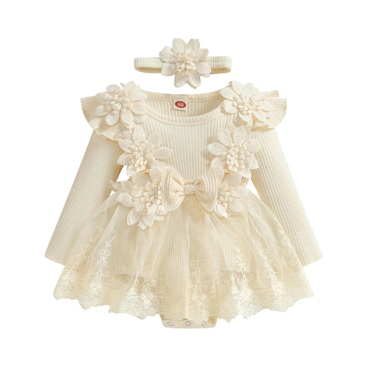 3D Flower Baby Girls’ Romper - Princess Mesh Lace Ruffle Bodysuit Dress with Headband