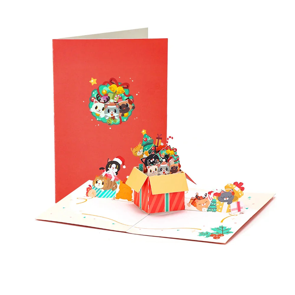 3D Christmas Tree Greeting Card – Cat Xmas Pop-Up Postcard with Envelope