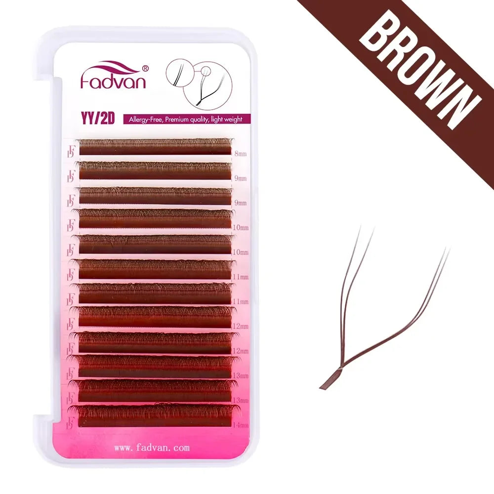 FADVAN YY Shape Eyelash Extensions – 2D/3D Faux Mink Premade Fan Lashes 8-15mm, Black & Brown, L+/L/LU(M)/C/D/DD Split Tip