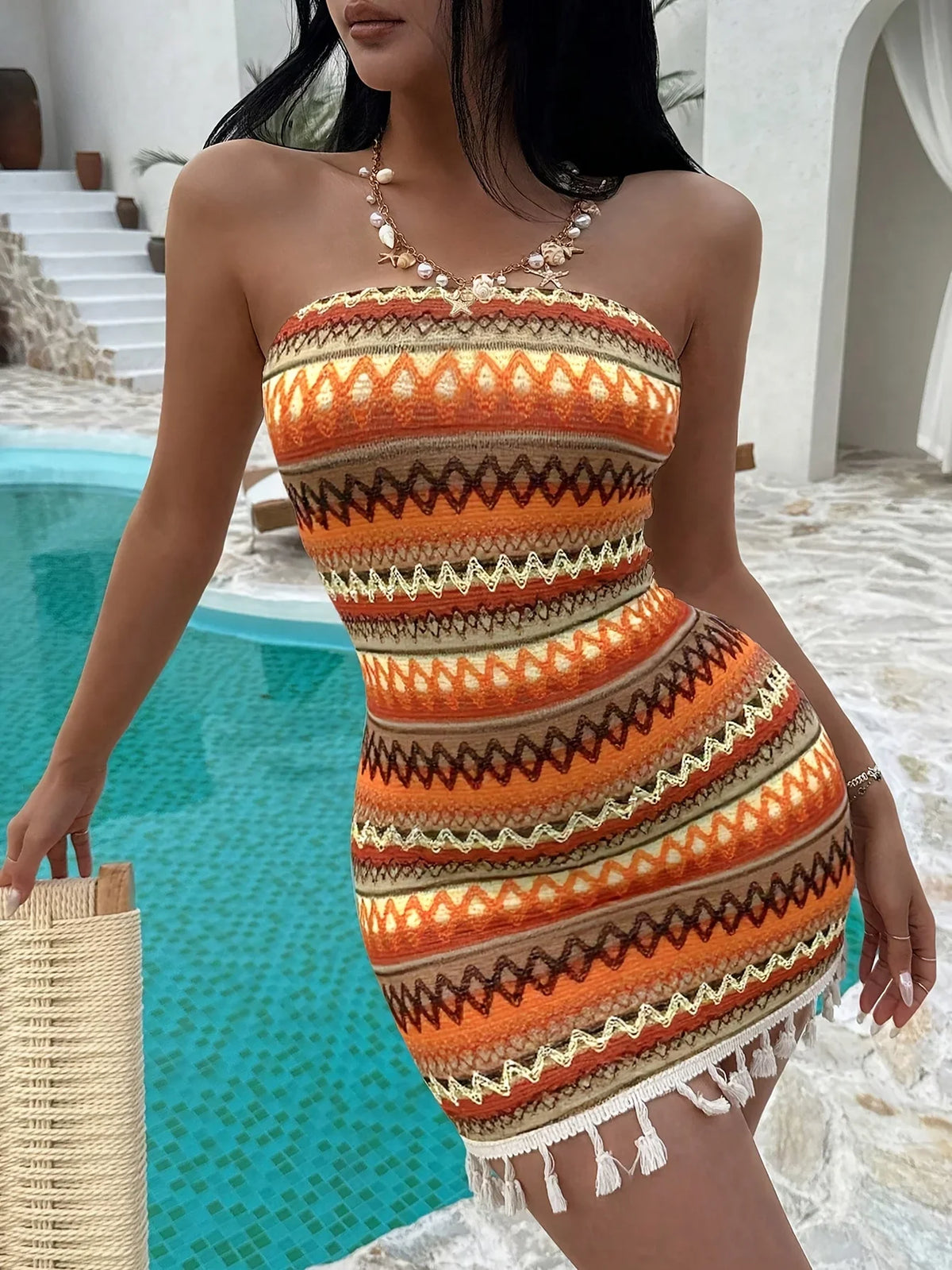 Women’s Printed Tassel Halter Dress - Slimming Waist Bodycon Draped Evening Dress for Elegant Style