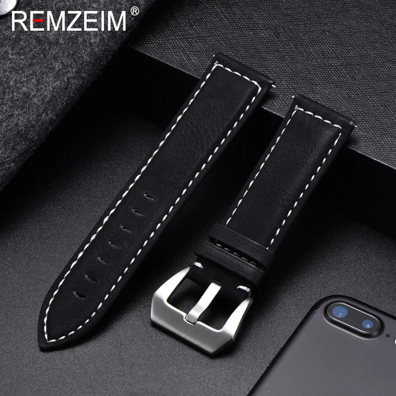 Genuine Leather Watch Band – Vintage Matte Black, Blue & Brown Strap for Men & Women, 18mm-24mm Wrist Bracelet