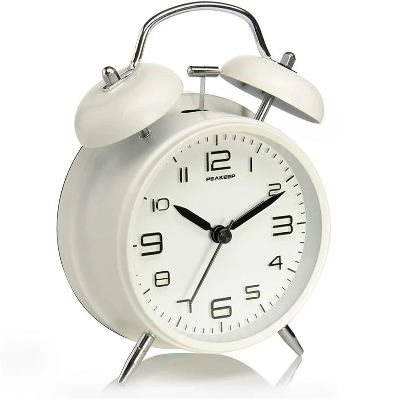 4 Inch Twin Bell Metal Alarm Clock – Loud Mechanical Desk Clock with Backlight 3D Dial, Battery Operated for Home & Office Use