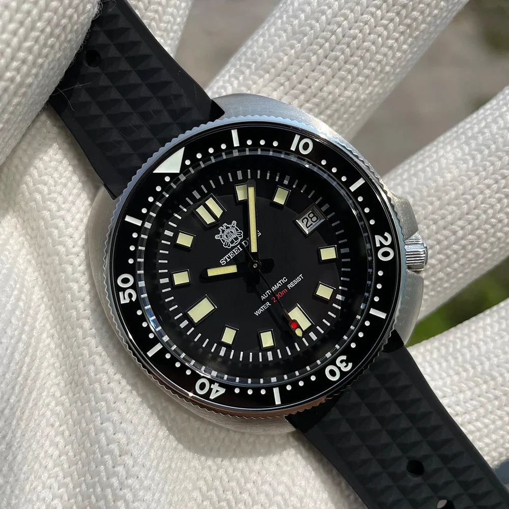 Steeldive SD1970 Men’s Automatic Dive Watch — 200M Waterproof, White Date Background, AR Coating Sapphire Glass, NH35 Black Dial Turtle Design