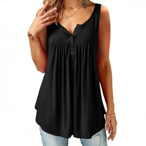 Women’s Loose U Neck Tank Top - Sleeveless Pleated Button Camisole Summer Vest