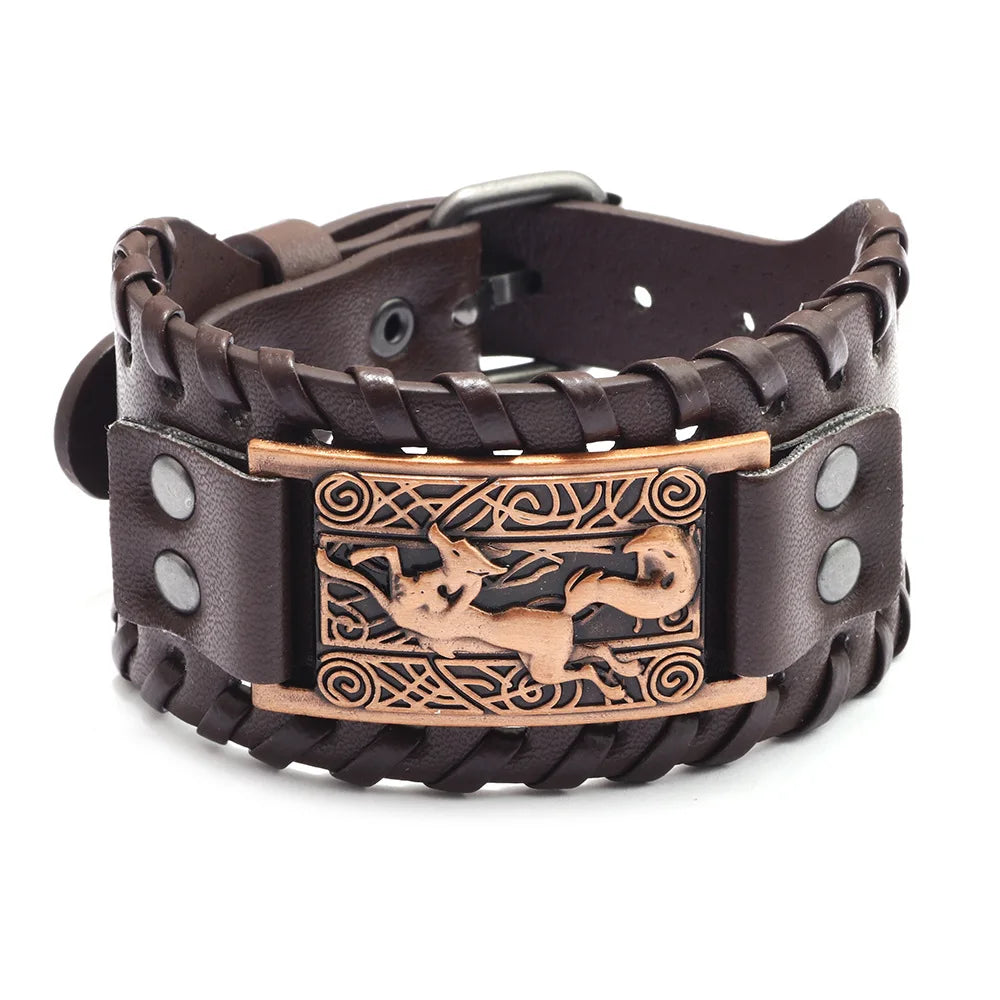 Totem Design Wide Leather Pirate Compass Bracelet - Men's Celtic Viking Jewelry, Party Gift Accessories