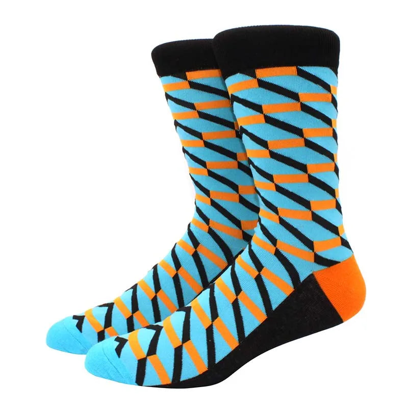 Men’s Funny Argyle Diamond Pattern Cotton Socks – Large Size 3D Geometric Crew Tube Socks, Combed Cotton Casual Novelty Socks
