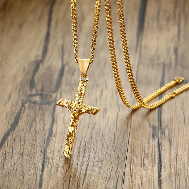 Vnox Cross Necklace for Men & Women – Gold Stainless Steel Jesus Pendant, Catholic Faith Jewelry for Church Prayer
