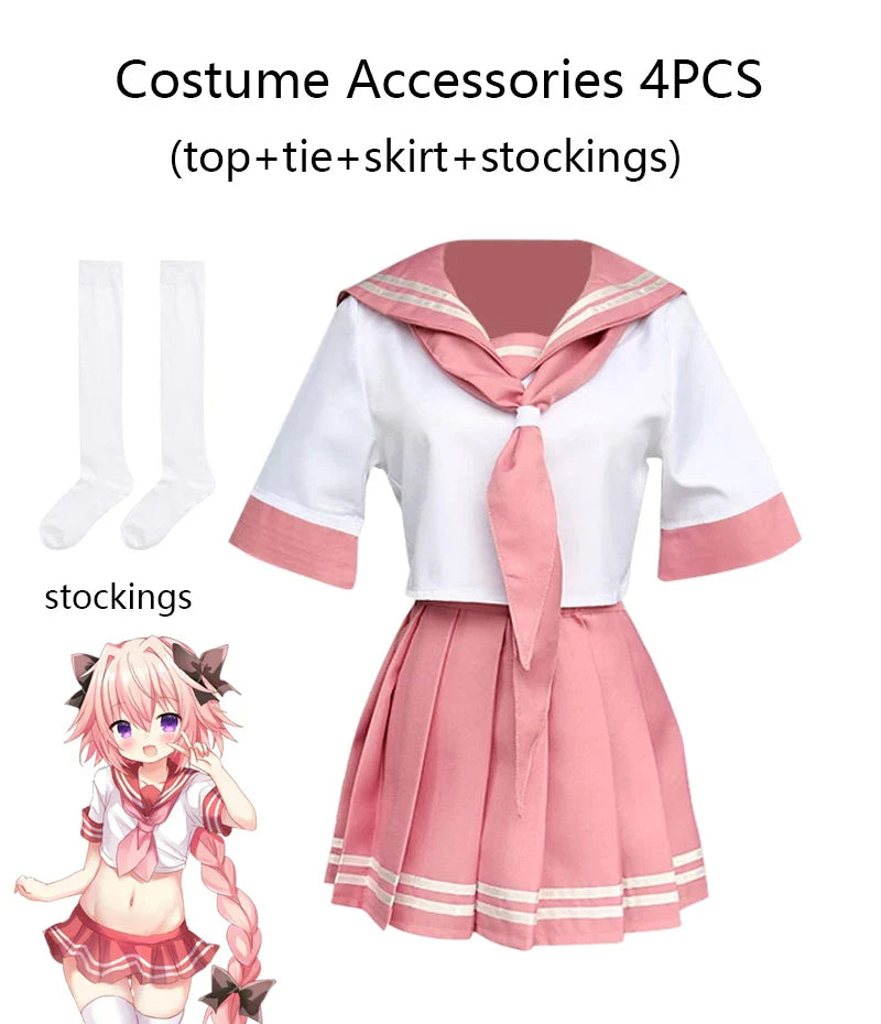 Fate Grand Order Astolfo Cosplay Costume – Fate Apocrypha Rider JK Uniform Sailor Suit Skirt for Women, Halloween