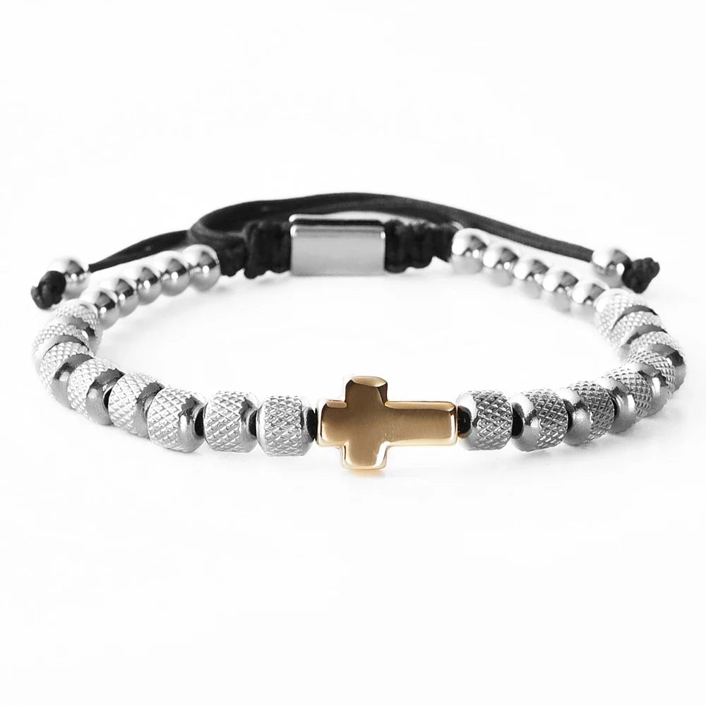 Cross Charm Beaded Bracelet - Stainless Steel Handmade Prayer Chain Jewelry Gift for Men & Women
