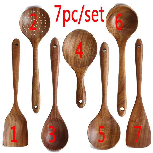 1-7pcs Teak Wood Tableware Set – Natural Wooden Spoons, Colander Spoon & Soup Skimmer Cooking Tool Kit