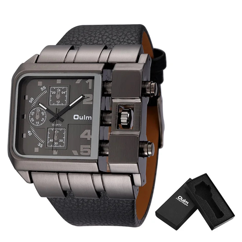 Oulm 3364 Men’s Square Watch — Large Dial Casual Leather Strap Quartz Sport Wristwatch