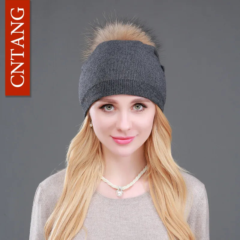 Autumn Winter Knitted Wool Hat for Women – Fashion Pompon Beanie with Genuine Raccoon Fur, Warm and Stylish Cap