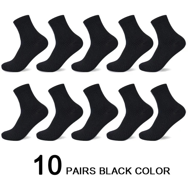 10 Pairs Men’s Bamboo Fiber Compression Socks – Long Black Business Casual Dress Socks, Breathable Autumn Wear, Plus Size 42–45 Gift Pack