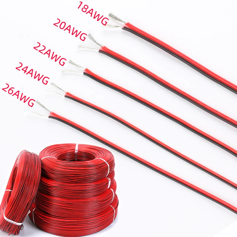 2-Pin Electrical Wire – Tinned Copper 18/20/22/24/26 AWG Insulated PVC Extension Cable for LED Strip, Red & Black