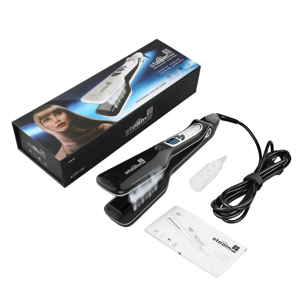 Professional Hair Straightener – Dual Voltage Titanium Curling Iron, Steam Flat Iron & Hot Hair Comb with Wide Plates